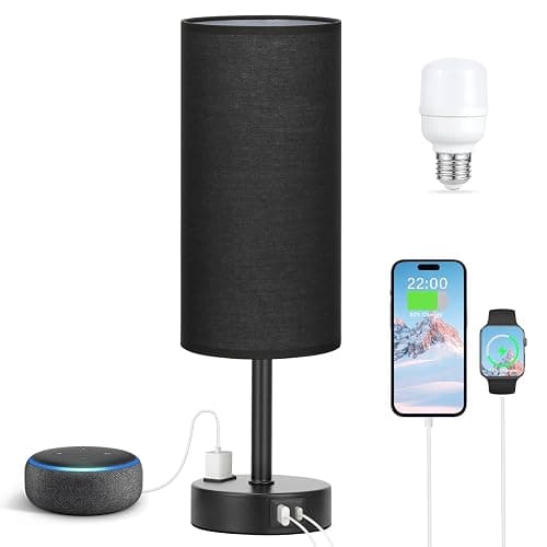 Fenmzee Black Bedroom Lamp for Nightstand - 3 Way Dimmable Bedside Lamp USB C A Charging Ports and AC Outlet, Small Table Lamp Black Base for Living Room, Office Desk, LED Bulb Included thumbnail 6