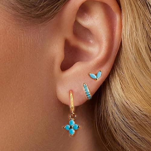 Small Gold Huggie Hoop Earrings Set for Women Turquoise Earrings 14K Gold Plated Cartilage Multiple Piercing Jewelry Hypoallergenic Sleeper thumbnail 4