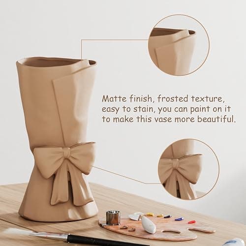 Relexome Beige Ceramic Bow Vase 9.64 in Unique Cute Modern Decorative Bouquet Flower Vases for Home Living Room Table Decor Women Girl Gifts thumbnail 4