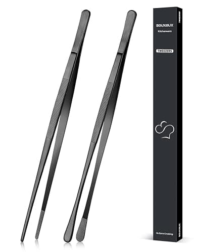 2 Pcs 12-inch Cooking Tweezers Tongs Precision Serrated Tips, Stainless Steel Professional Chef Tweezer Kitchen Tools for BBQ, Plating and Serving (Black) - Image 1