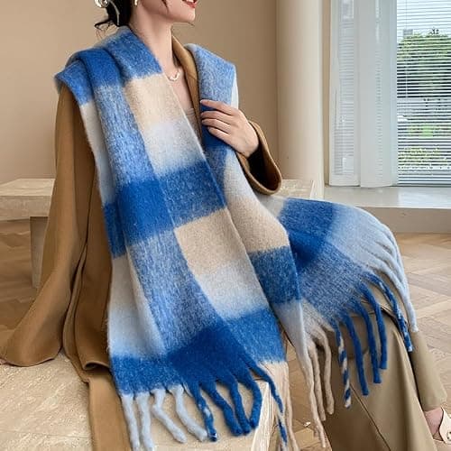 MININAI Chunky Winter Scarfs for Women Cold Weather Warm Knit Thick Plaid Scarf Long Large Oversized Checked Scarves thumbnail 4