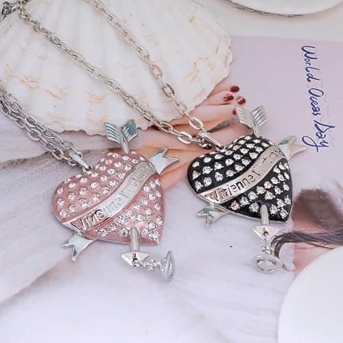 ZHAOZHAO Silver Pink Love Heart Necklaces of Saturn for Women - Punk Love Heart Crystal Quartz Saturn Pendant Necklace thumbnail 3