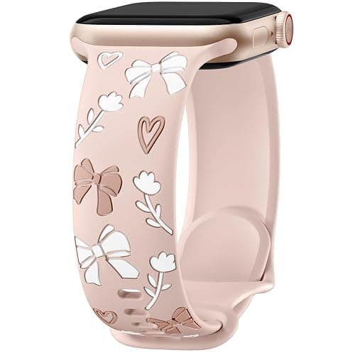 Lerobo Floral Band Compatible with Apple Watch Bands for Women 40mm 41mm 38mm 42mm 44mm 45mm 46mm 49mm, Engraved Cute Bow Soft Silicone Sport Strap for iWatch Series 11 10 9 8 7 6 5 4 3 2 1 SE Ultra - Image 1