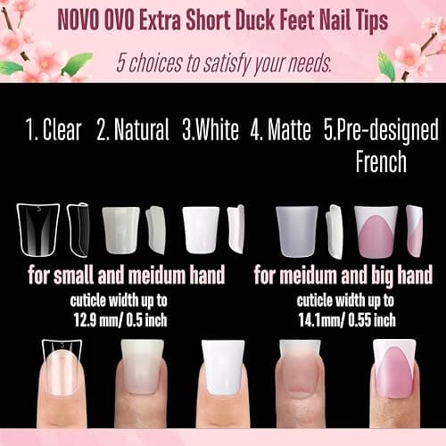 NOVO OVO Duck Feet Nail Tips for Small and Medium Hand, Extra Short Full Cover Press On Acrylic, Clear Full Coverage Thick Flare French Soft Gel Fake False Nail Extension x 12 Sizes 120 pcs thumbnail 3