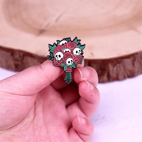 yangjinyuCartoon Flower Bouquet Skeleton Enamel Pin Gothic Punk Skull Brooch Cartoon Halloween Brooch Lapel Pin Fun Jewelry Gift for Women Men Girls Boys, Red thumbnail 5