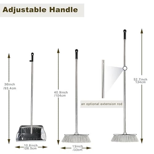 Metal Dustpan with Broom Set, Long Handle Stainless Steel Dustpan,Heavy Duty Standing Dust Pan with Teeth, Indoor Outdoor Up for Home Kitchen Lobby Room Office thumbnail 2