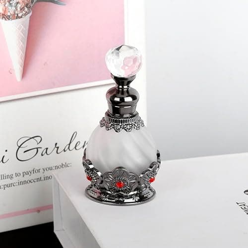 15ml Vintage Glass Perfume Bottle with Antique Silver Flower Figurine - Refillable Empty Decorative Bottle for Essential Oils - Girl or Women Gift for Dresser Table Decor thumbnail 4