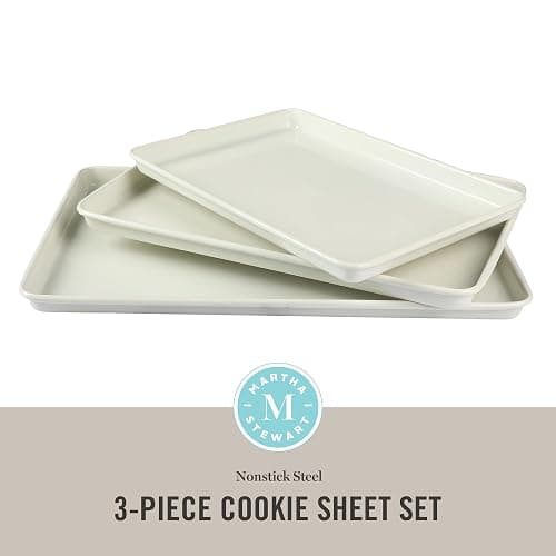 Martha Stewart Gallen 3-Piece Cookie Sheet Set – 13", 15", 17" Baking Pans, Ceramic Nonstick, PFA-Free, Carbon Steel – Oven Safe to 450°F, Warp-Resistant, Easy to Clean - Linen White thumbnail 3