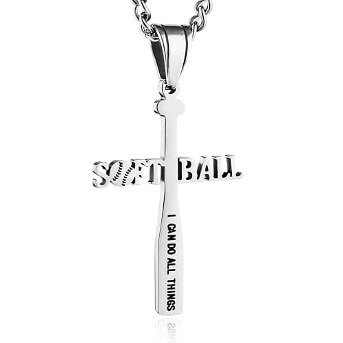 HZMAN Softball Bat Cross Pendant, I CAN DO ALL THINGS STRENGTH Bible Verse Stainless Steel Necklace thumbnail 4