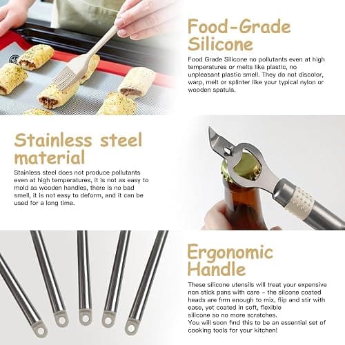 Kitchen Utensil Set-Silicone Cooking Utensils-33 Kitchen Gadgets & Spoons for Nonstick Cookware-Silicone and Stainless Steel Spatula Set-Best Kitchen Tools, Useful Pots (Khaki) thumbnail 5
