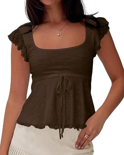 BAIGRAM Women Floral Flowy Babydoll Peplum Tops Y2K Cap Sleeve Ruffle Tank Square Neck Lace Up Layered Crop Shirt Going Out - Image 1