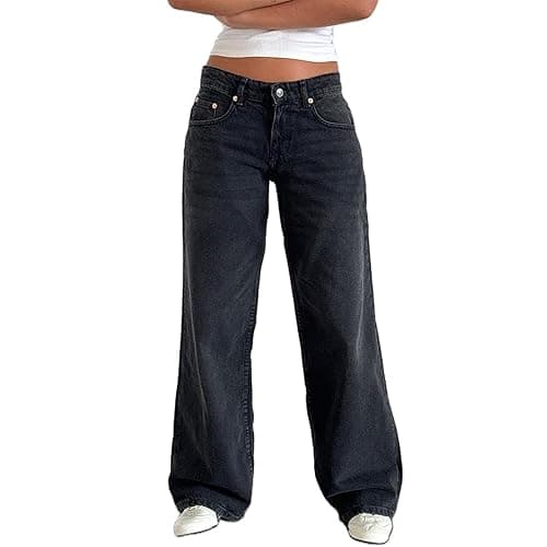 Giraropa Women Y2k Low Rise Jeans Vintage Baggy Straight Wide Leg Boyfriend Jeans Casual Loose Fit Long Denim Pants - Dark Grey - X-Small