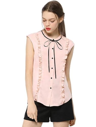 Allegra K Women's Cute Tie Neck Summer Blouse Ruffle Solid Color Sleeveless Button Down Shirt thumbnail 3
