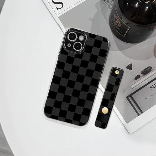 NITITOP Compatible with iPhone 15 Case with Wrist Strap Kickstand Cute Trendy Checkerboard Plaid for Women Girls Slim Fit TPU Silicone Shockproof Full Camera Protective Cover - Black thumbnail 4