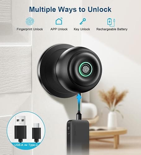 Fingerprint Door Lock, Smart Fingerprint Door Knob with Lock, Biometric Door knob with App Control & Key, Keyless Thumbprint Entry Door Lock for Bedroom, Front Door, Home, Apartment Office-Matte Black thumbnail 2