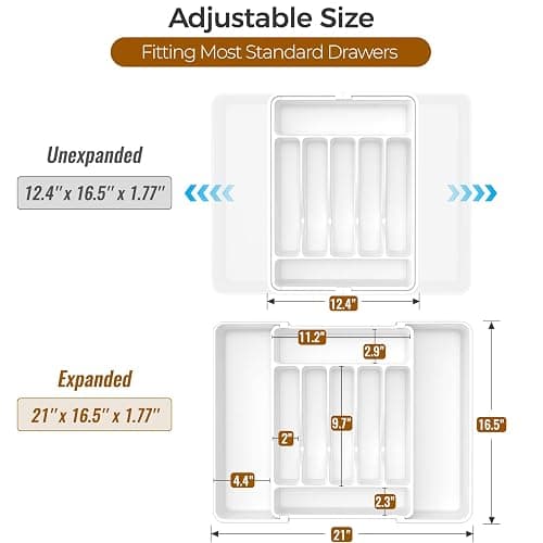 ukeetap Extra Large Expandable Silverware Organizer, BPA-Free Food-Safe Cutlery Flatware Organizer, Kitchen Utensil Drawer Organizer, Adjustable Silverware Holder for Spoons Forks Knives, White thumbnail 3
