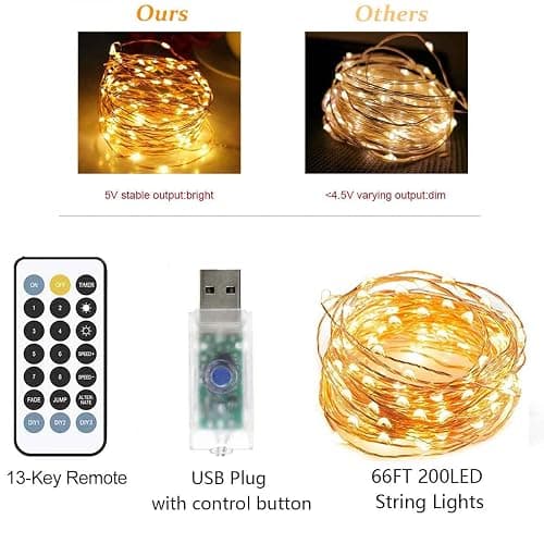 FULEN LED String Lights Bedroom Decorations, Fairy Lights Teens for Aesthetic Room Decor, 66ft 200LED Twinkle Lights USB Powered, Holidays Indoor Decor,Warm White thumbnail 6