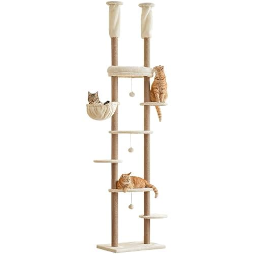 Furcato Cat Tree, Floor to Ceiling Cat Tower Adjustable Height[92-102 Inches=234-258cm], 7 Tiers Cat Climbing Tree with Hammock, Platforms and Fully Sisal Scratching Posts for Indoor Cats, Beige thumbnail 2