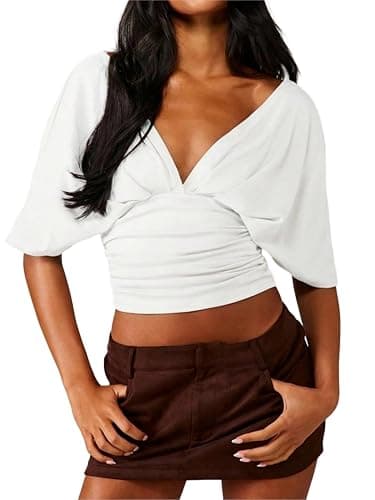 SOLY HUX Women's Deep V Neck Crop Top Short Sleeve Fitted Casual Blouse Going Out Shirts - Image 1
