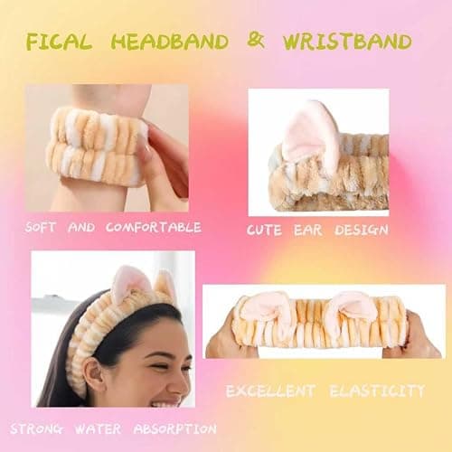 Cute Spa Headband and Wristband Set for Women Kawaii Cat Ear Yellow Makeup Headband for Washing Face (3PCS, Yellow) thumbnail 3