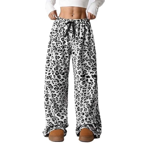 Women Leopard Print Fuzzy Pajama Pants Casual Cozy Drawstring Wide Leg Pants - Image 1