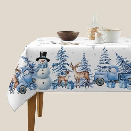 Sphragiyn Winter Tablecloth Square 54×54 Inch Blue Snowman Trees Holiday Xmas Table Cloth Water Resistant Fabric Table Covers for Kitchen Dining Party Home Decor thumbnail 4