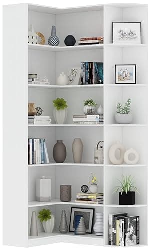 Loomie White Book Shelf, 6 Tiers Shelf Large Tall Corner Etagere Bookcase with Full Baffle, L-Shaped Modern Storage Display Industrial Bookshelves for Bedroom, Home Office, Living Room & Kitchen - White