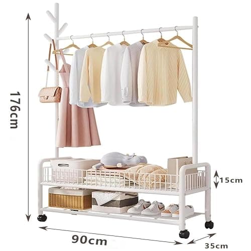 Qshare Clothing Rack with Wheels, Multi-Functional Bedroom Clothing Rack,Garment Rack with Bottom Shelves and Basket,Garment Rack Free-Standing Clothes Rack for Hanging Clothes (White) thumbnail 2