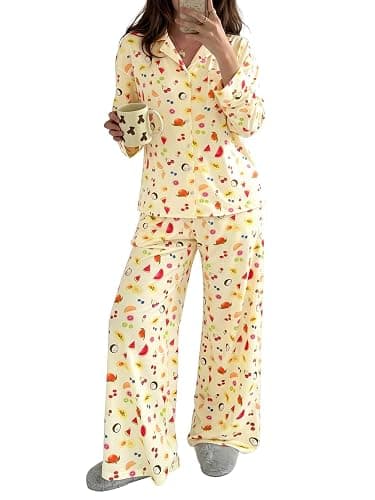 Tankaneo Womens Button Down Pajama Sets Long Sleeve 2 Piece Lounge Sets | Pjs, Polka Dot, Fruit Print, Wide Leg, Loose Fit, Lapel Collar, Night Suit, Cute Sleepwear - Image 1