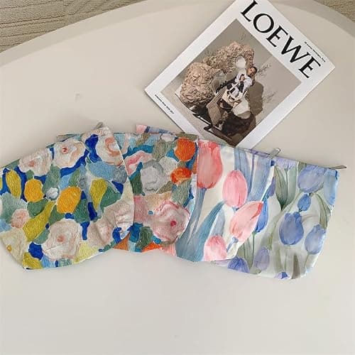 Floral Makeup Bag Large Cotton Zipper Pouch for Purse Travel Canvas Make Up Organizer for Women Cosmetic,Tulip Pink thumbnail 8