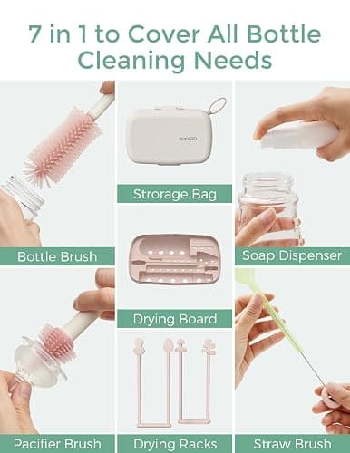 Momcozy 7-in-1 Baby Bottle Cleaner Kit with Silicone, Nipple & Straw Brushes, Soap Dispenser and Drying Rack - Portable Cleaning Tool for Home and Travel, Pink thumbnail 7