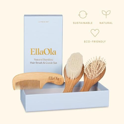 ELLAOLA Natural Bamboo Hair Brush & Comb Set, 3 Piece - Cradle Cap Brush, Massage Hair Brush, Bamboo Comb for Toddlers, Newborns & Infants I Baby Registry Gift thumbnail 8