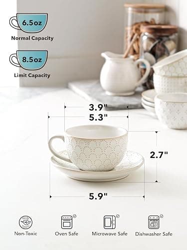 LE TAUCI Cappuccino Cups with Saucers 8 oz, Ceramic Large Coffee Cup for Au Lait, Double shot, Latte, Cafe Mocha, Tea, Dishwasher Safe - Set of 4, Arctic white thumbnail 3