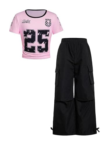 RoseSeek Girl's 2 Piece Summer Outfits Short Sleeve Ruched Basic Tess and Camo Cargo Pants Sets Trendy - Image 1