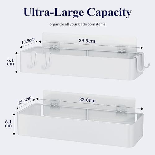 Kitsure 2 Pack Rustproof Shower Caddy - 2 Shelves, Drill-Free & Quick-Dry Shower Organizer, Rustproof Bathroom Shelves with 4 Hooks, Large, White thumbnail 2