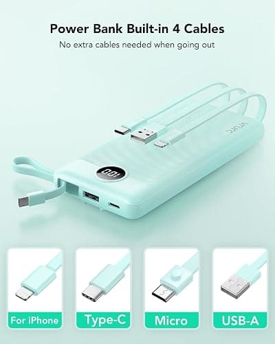 VRURC Portable Charger for iPhone, Compact Travel Power Bank 10000mAh, USB C Battery Pack 4 Outputs 3 Inputs, Slim Phone Charger with Cables for iPhone 17 16 15 14 13,Samsung Galaxy-Green(1 Pack) thumbnail 2