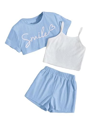 OYOANGLE Girl's 3 Pieces Summer Outfits Graphic Print Crop Tee Top and Cami Top with Shorts Set - Image 1