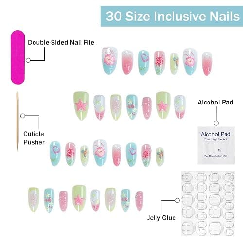 3D Press on Nails Medium Almond SWEKKE Summer Fake Nails Flower False Nails with Hibiscus Starfish Shell Designs Glossy Glue on Nails Hawaii Acrylic Nails for Women Girls 30Pcs thumbnail 2