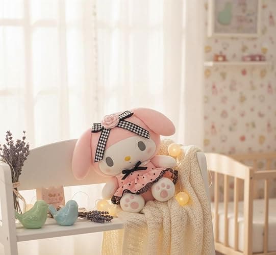AlphaDesignLuxe 13″ Kitty Plush Toy – Kawaii Cat Stuffed Animal with Long Pink Ears, Polka-Dot Dress, Black Lace Trim & Rose Bow, Soft Plush Doll Gift for Kids, Teens & Collectors thumbnail 6