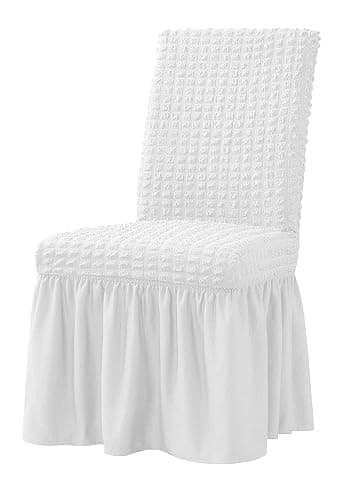 XMNTG Dining Room Chair Slipcovers 1-Piece Stretch White Dining Chair Covers Dorm Chair Cover Non Slip Washable Furniture Protector with Skirt Country Style for Hotel Ceremony Party (White) - White - Image 1