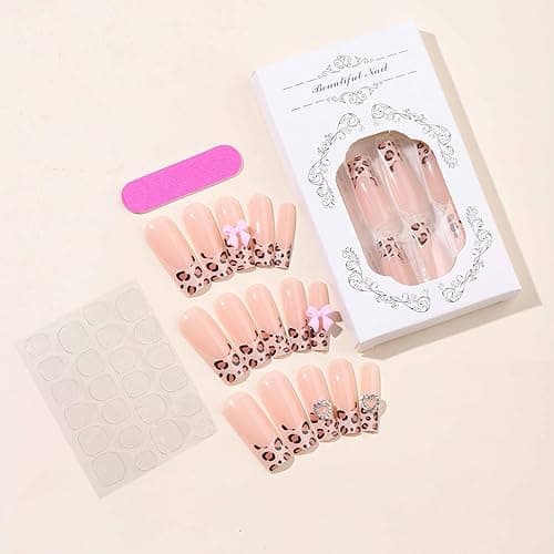 Long Square Press on Nails French Leopard Print Stick on Nails with 3D Bow Love Design Glue on Nails Cute Nude Fake Nails Rhinestone False Nails Glossy Acrylic Nails Full Cover Nails for Women 24Pcs thumbnail 7