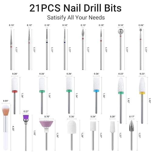 MelodySusie 21pcs Nail Drill Bit Set with Portable Holder Case, 3/32'' Ceramic Diamond Carbide Acrylic Gel Nail Art Tool Kit, Cuticle Remover Bit for Acrylic Dip Powder, Manicure Pedicure, Salon Home thumbnail 8