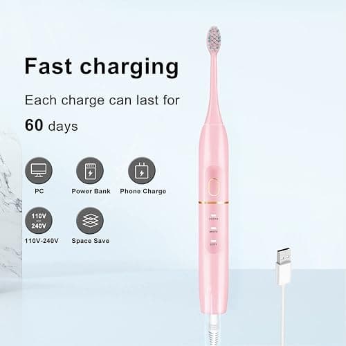 kingheroes Electric Toothbrush Set, Comes with 8 Brush Heads & Travel Case,4 Modes with 2 Minutes Built in Smart Timer, One Charge for 60 Days, 42000 VPM Motor (Pink) thumbnail 6