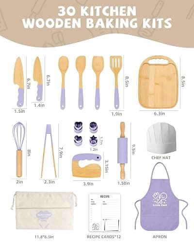 Wooden Kids Cooking Set Montessori Kit - Real Toddler Kitchen Tools & Baking Utensils - 30PCS Cooking Kit for Kids with Storage Bag, Great Gift for Pretend Play & Montessori Learning (Purple) thumbnail 4