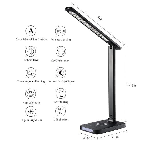 VAVOFO LED Desk Lamp with Fast Charger, USB Charging Port, Desk Light for Home Office with 5 Brightness Levels, Touch Control, 30/60 min Auto Timer, Eye-Caring Dimmable Table Lamp with Adapter thumbnail 2