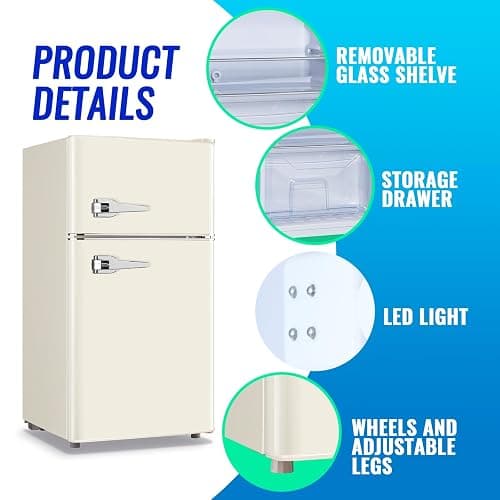 TACOOL Mini Refrigerator with Freezer Small Fridge Double Door Side Drink Holder Adjustable Glass Shelves, Plastic Crisper, 7 Level Temperature Control for Bedroom, Office, Apartment White thumbnail 5