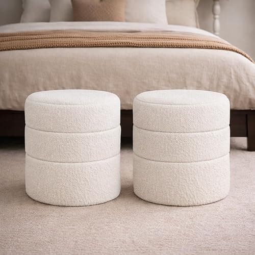 HomePop Upholstered Round Ottoman (No Lid, Seat Only) | HomePop Home Décor | Round Pouf Foot Rest – Cream Boucle thumbnail 4