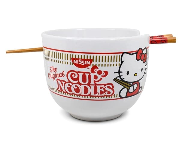Hello Kitty Cup Noodles Japanese Ceramic Dinnerware Set | Includes 20-Ounce Ramen Bowl and Wooden Chopsticks | Asian Food Dish Set For Home Kitchen | Kawaii Anime Gifts, Official Sanrio Collectible thumbnail 3