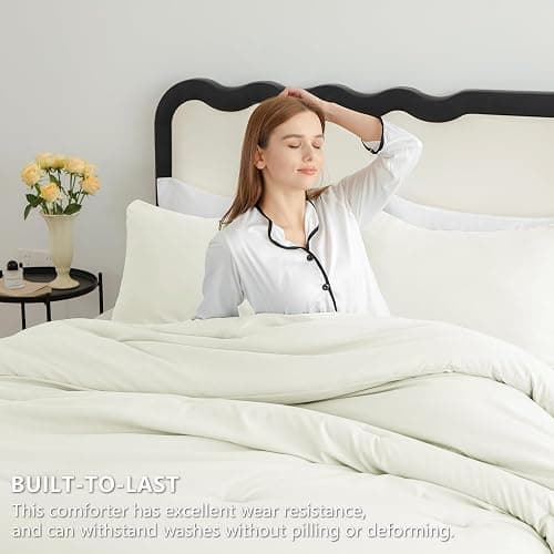 CozyLux Full Size Comforter Set Ivory, 3 Pieces Lightweight Down Alternative Quilted Bedding Sets, All Season Soft Breathable Solid Comforter with 2 Pillowcases, Luxury Soft Bed Set for Home thumbnail 5
