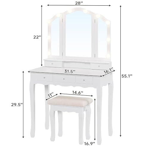 Tiptiper Vanity Table Set with Lighted Tri-Folding Mirror, Makeup Vanity with Lights & 3 Color Lighting Modes, Vanity Desk with Mirror and Cushioned Stool, Makeup Table with 5 Drawers, White thumbnail 2